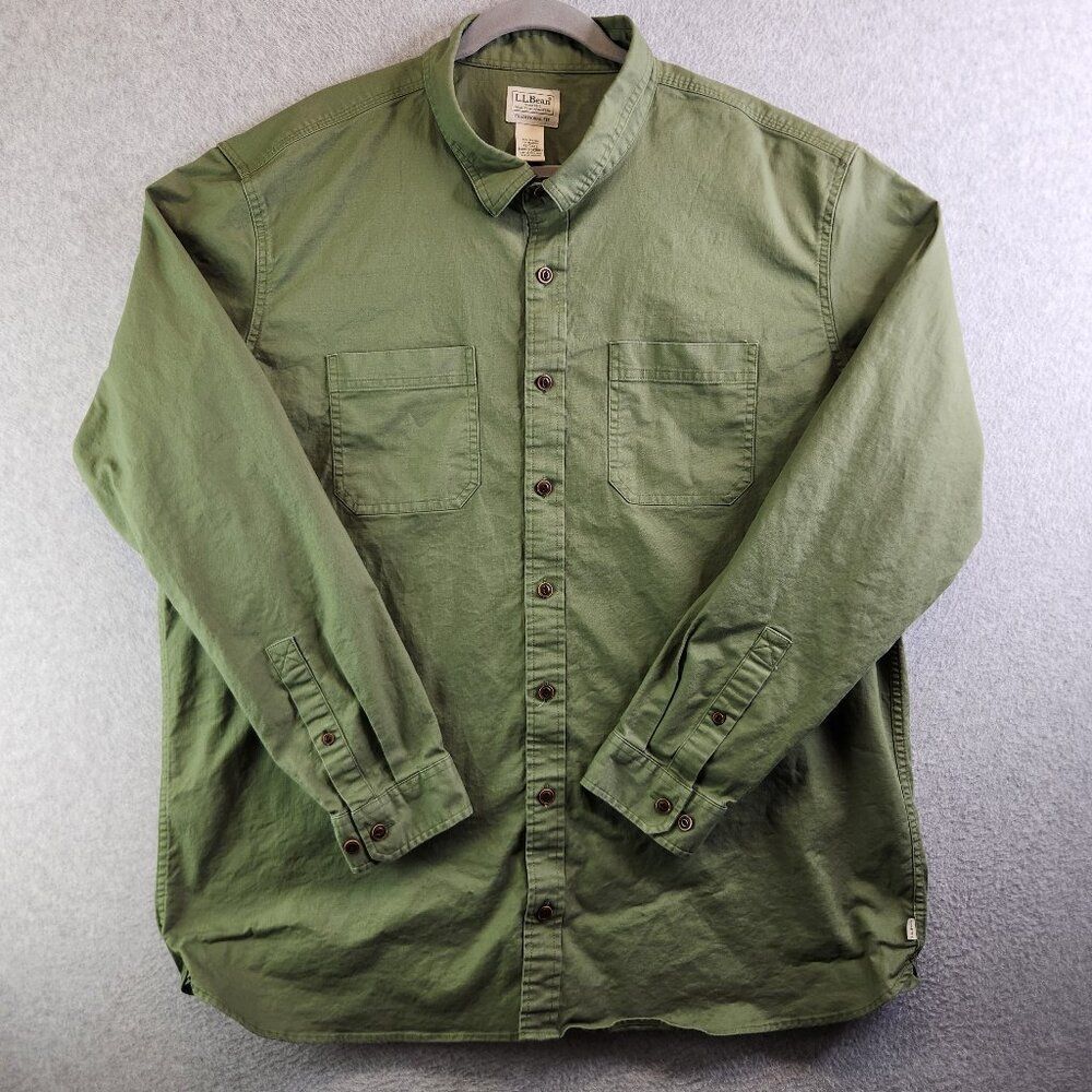 LL Bean Shirt Mens XLT Green Beanflex Twill Traditional Fit Untucked Hem Work